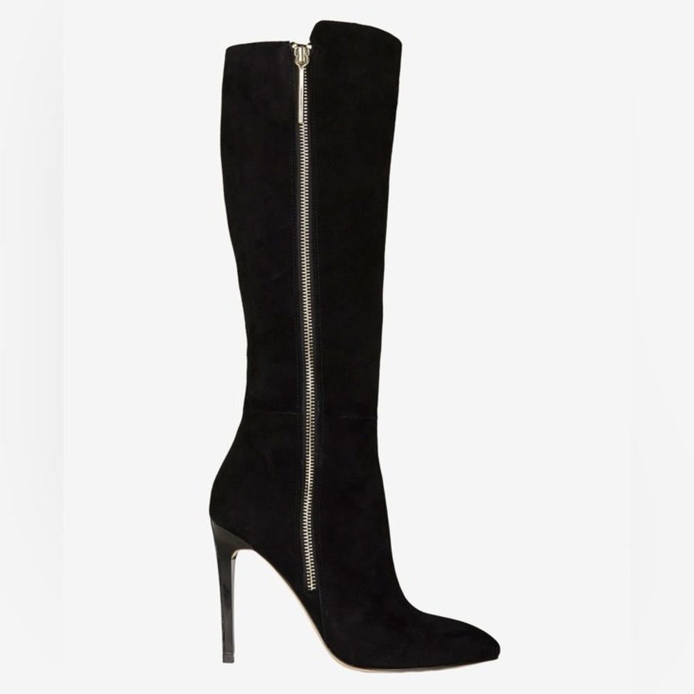 FRENCH CONNECTION MOLLY BLACK SUEDE KNEE LENGTH HEELED BOOTS SIZE 38M